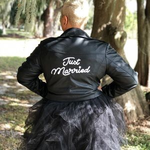 Leather like just married moto jacket